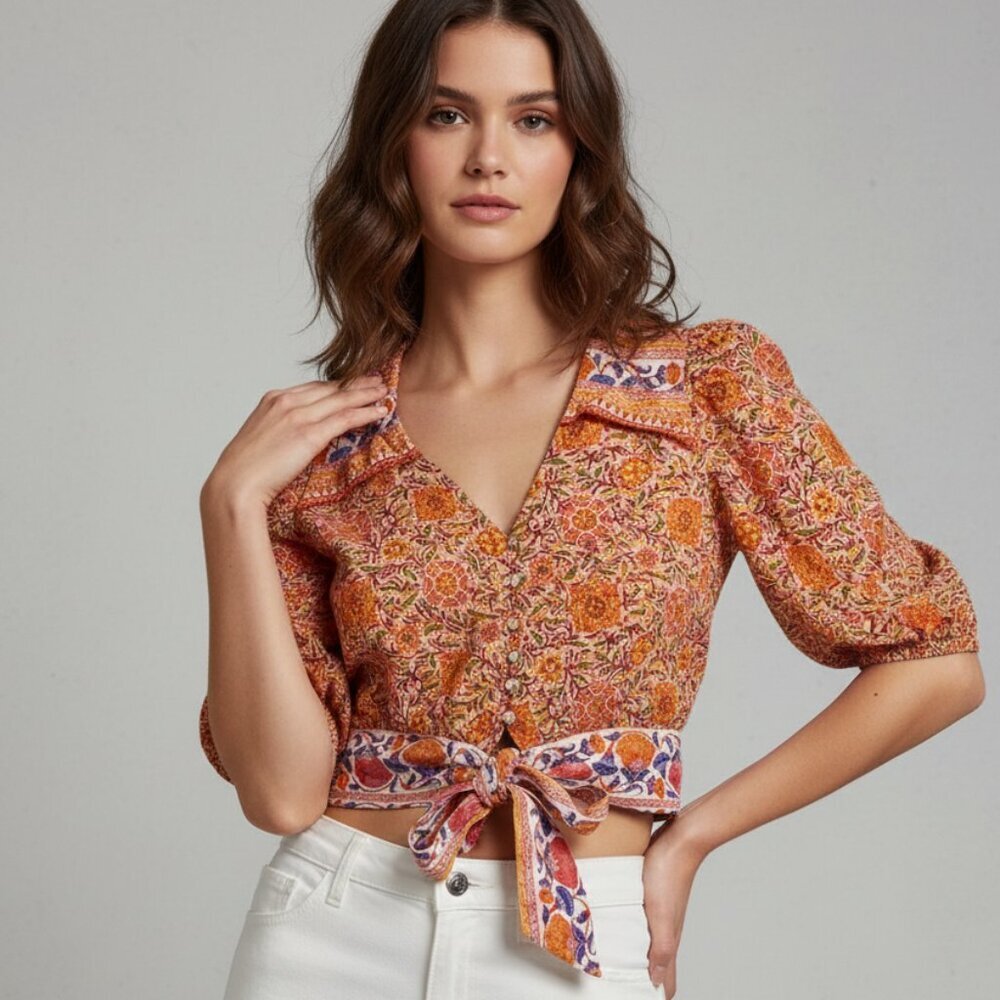 Rachel Zoe Orange Floral Tie-Front Crop Top